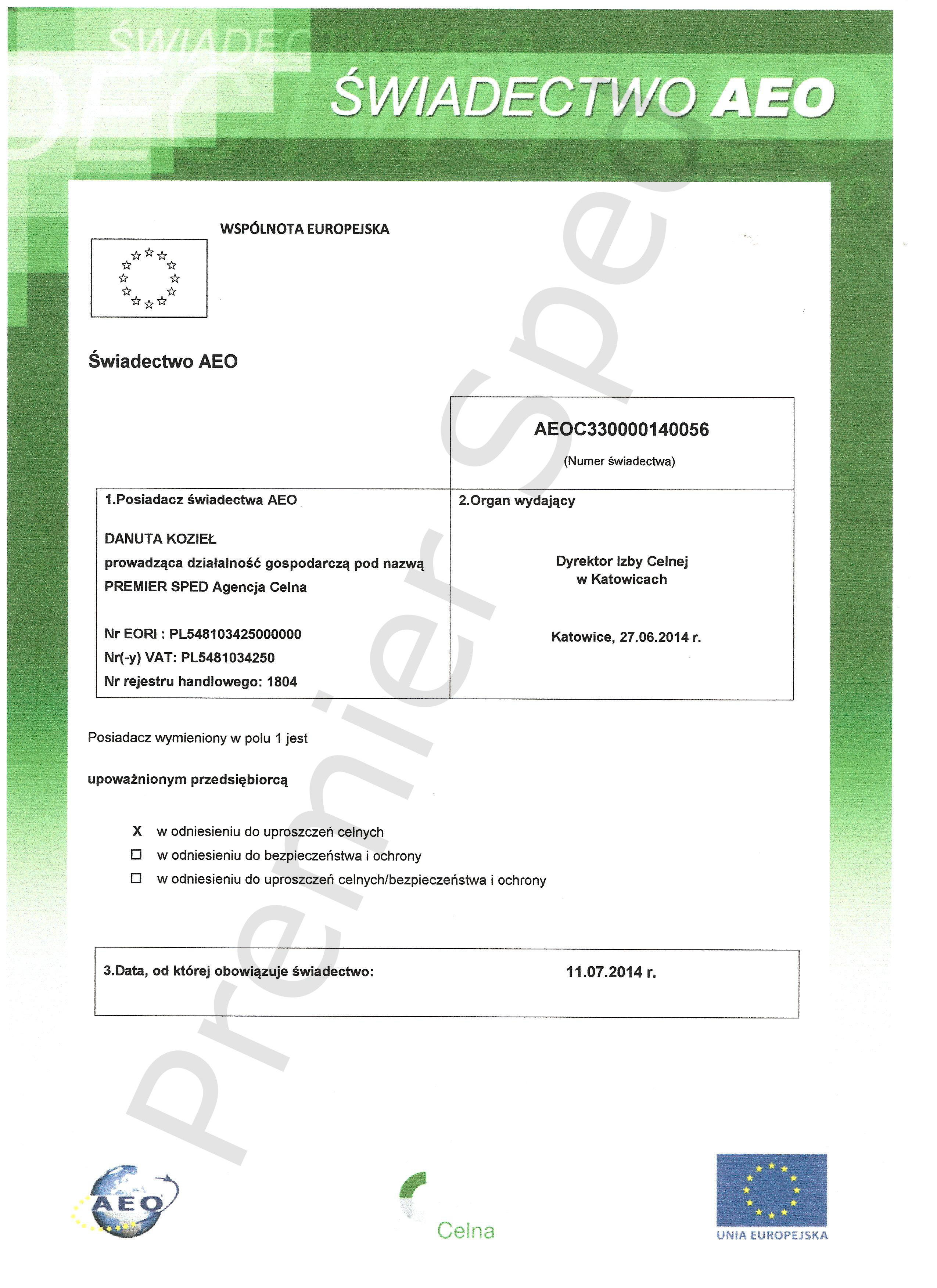 certfikat aeo premiersped